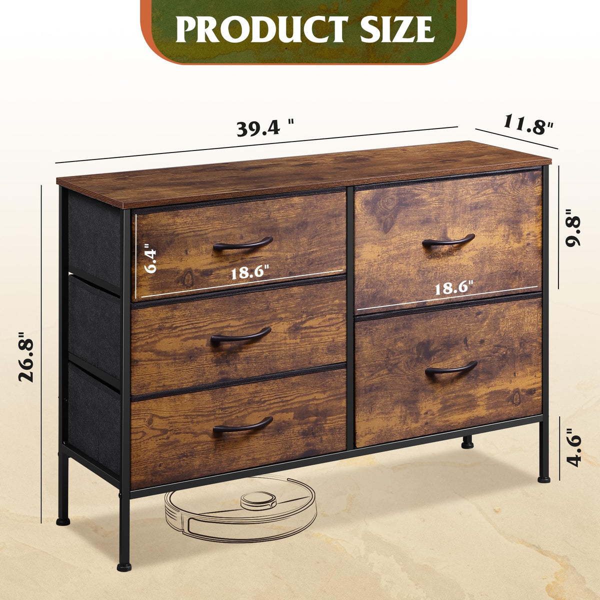 WLIVE 5 Drawer Fabric Dresser for Bedroom, Wide Storage Chest, Rustic Brown