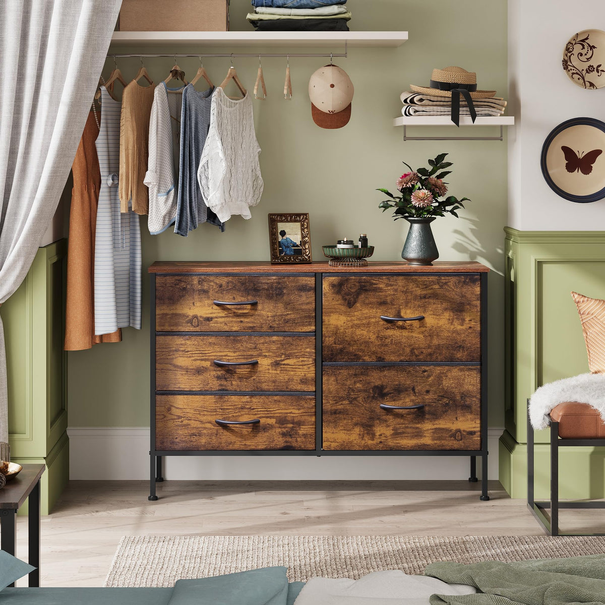 WLIVE 5 Drawer Fabric Dresser for Bedroom, Wide Storage Chest, Rustic Brown