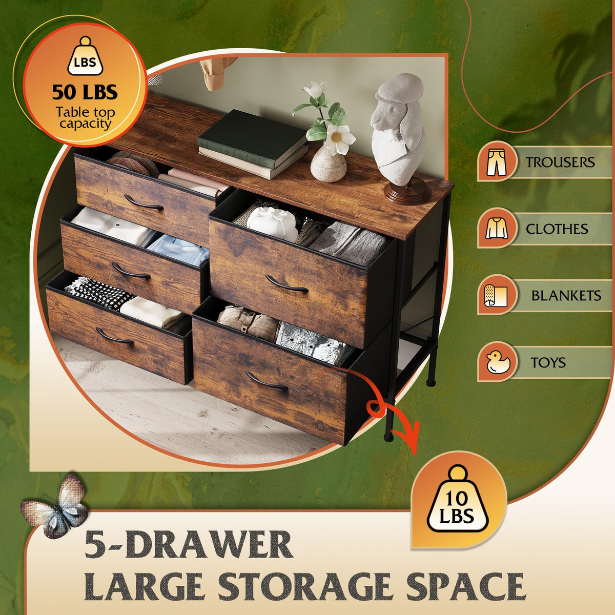 WLIVE 5 Drawer Fabric Dresser for Bedroom, Wide Storage Chest, Rustic Brown