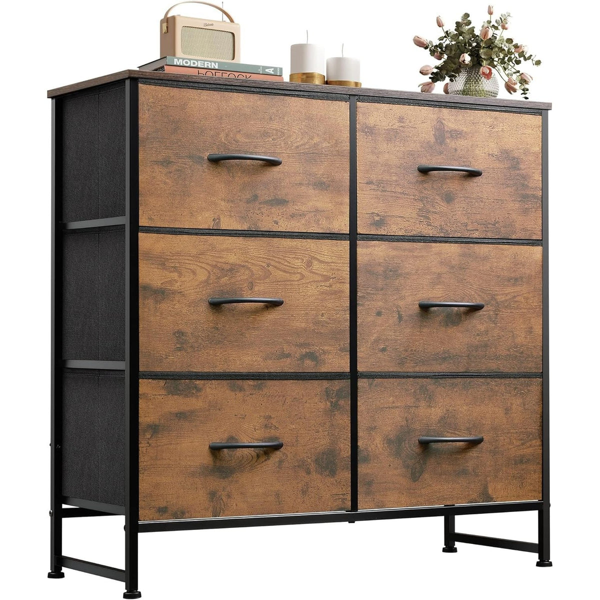 WLIVE 6 Drawer Chest of Drawers, Fabric Dresser for Bedroom, Rustic Brown