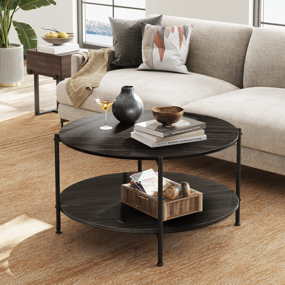 WLIVE Round Coffee Table for Living Room, 32.6" Small Coffee Table with Open Storage Shelf, 2-Tier Industrial Circle Wood Center Table for Bedroom, Home Office, Charcoal Black