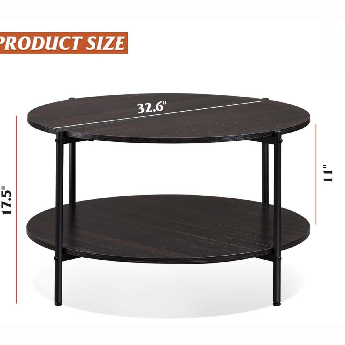 WLIVE Round Coffee Table for Living Room, 32.6" Small Coffee Table with Open Storage Shelf, 2-Tier Industrial Circle Wood Center Table for Bedroom, Home Office, Charcoal Black