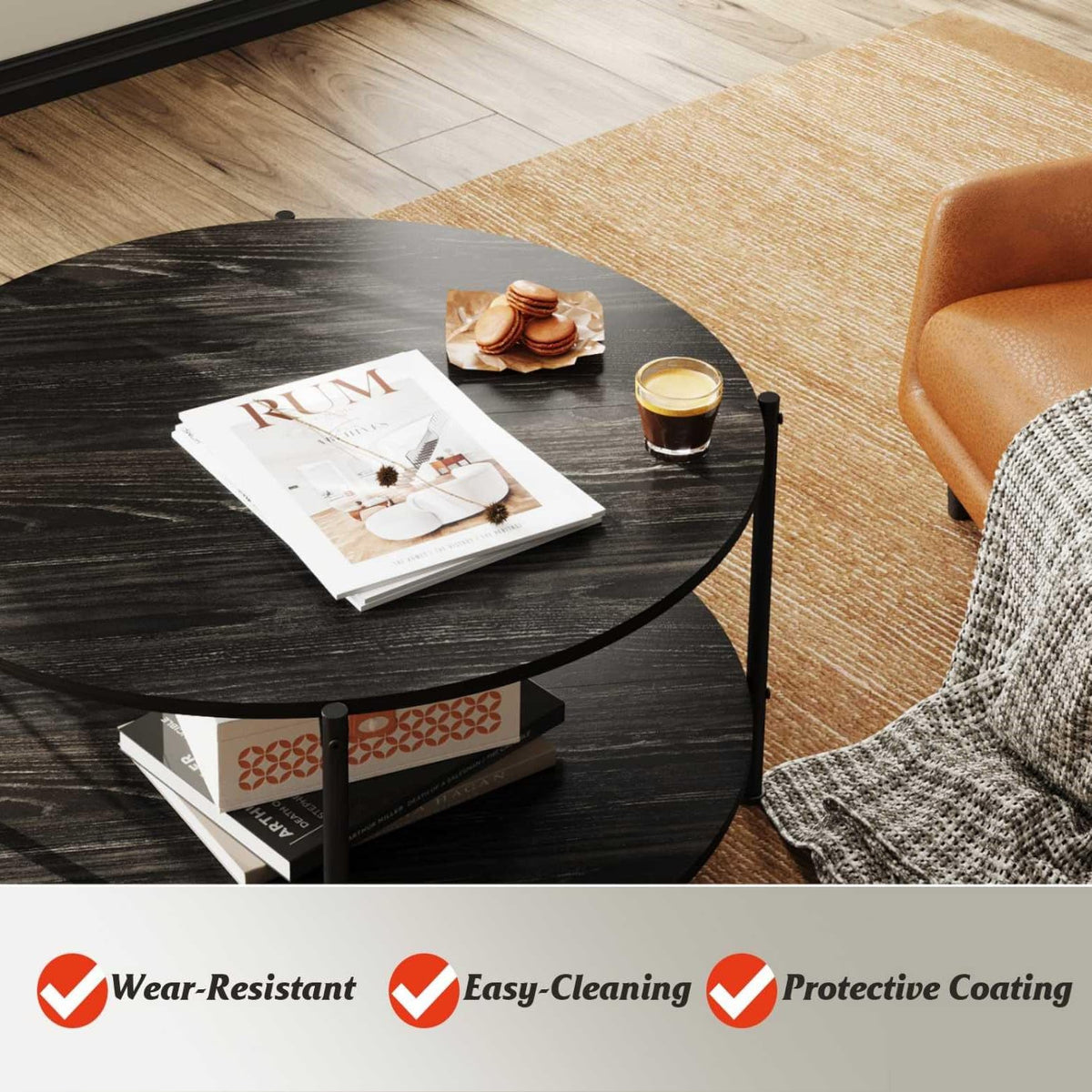 WLIVE Round Coffee Table for Living Room, 32.6" Small Coffee Table with Open Storage Shelf, 2-Tier Industrial Circle Wood Center Table for Bedroom, Home Office, Charcoal Black