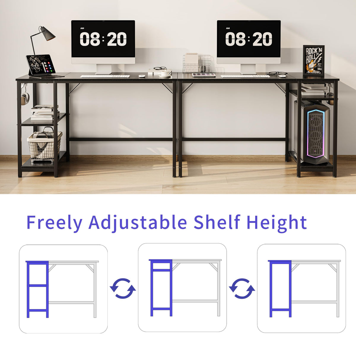 JOISCOPE Computer Desk, Desk with 2 Shelves, Computer and Office Table for Students and Professionals, Wooden Table for Bedroom, Home and Office, Desk Black, 100 x 60 x 75 cm