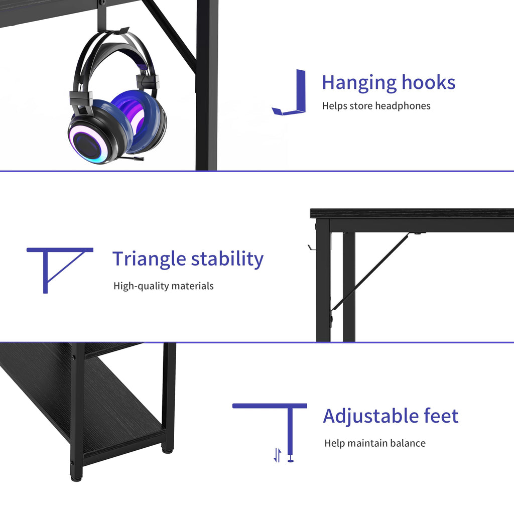 JOISCOPE Computer Desk, Desk with 2 Shelves, Computer and Office Table for Students and Professionals, Wooden Table for Bedroom, Home and Office, Desk Black, 100 x 60 x 75 cm
