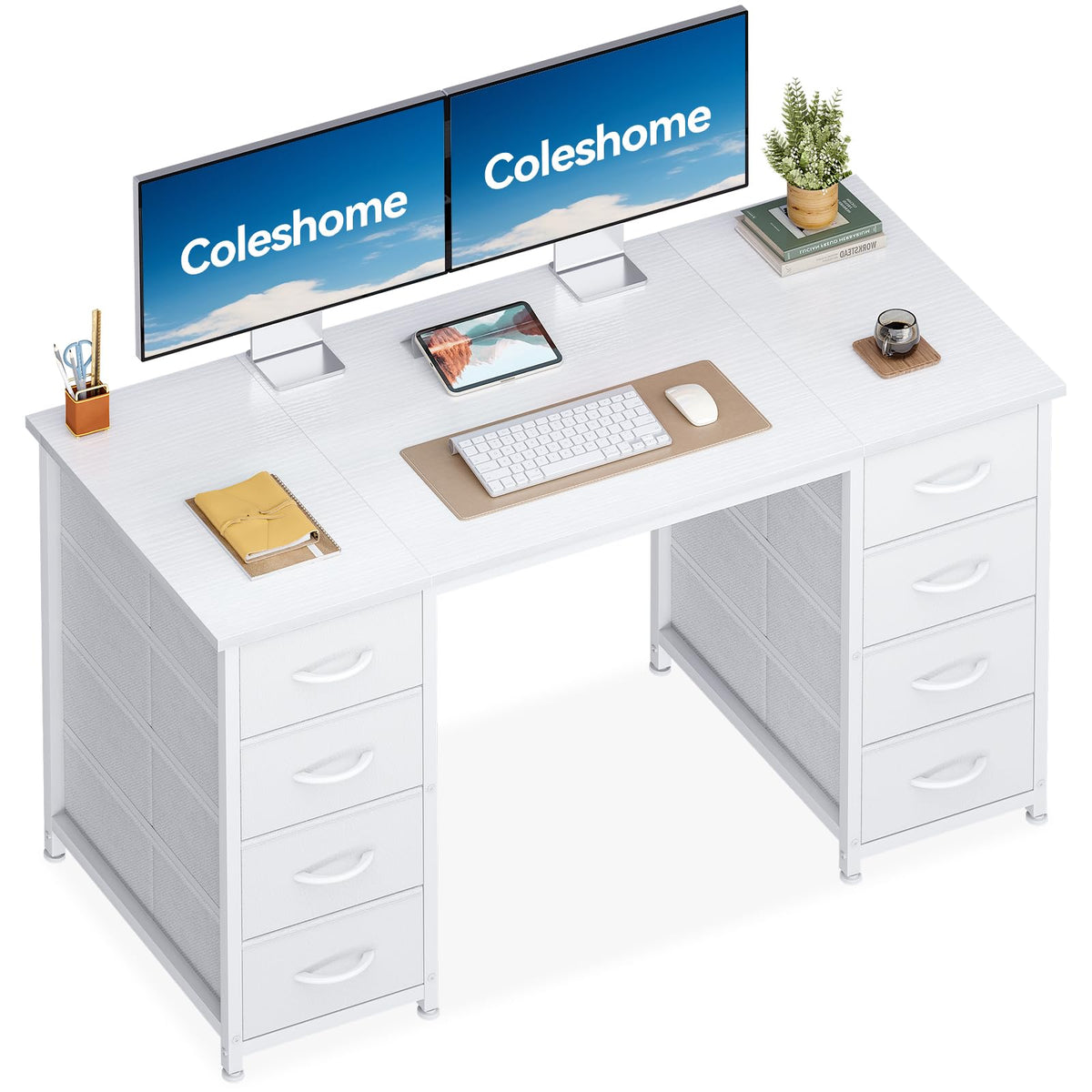 Coleshome Desk with 8 Fabric Drawers, 120 x 48 cm, White