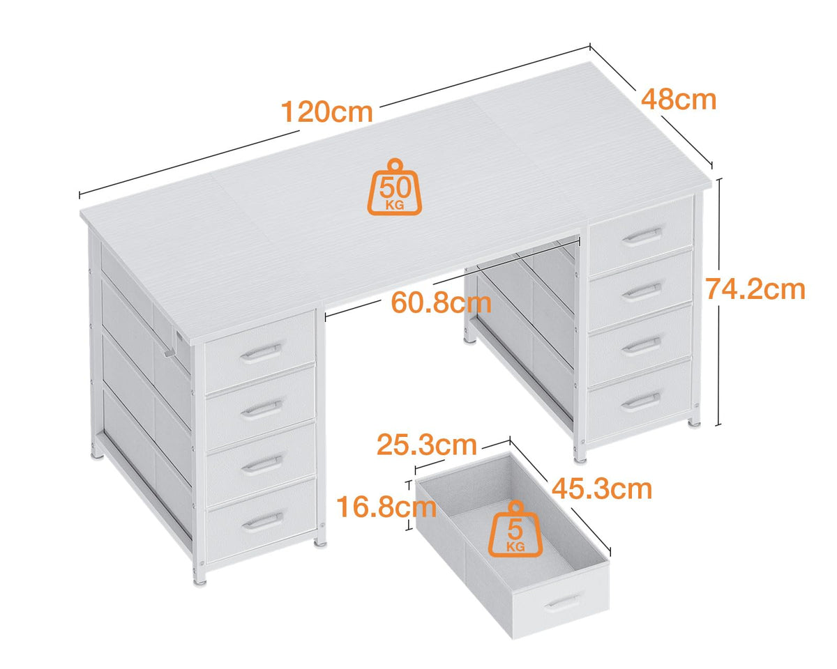 Coleshome Desk with 8 Fabric Drawers, 120 x 48 cm, White