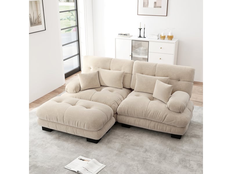 Fixed 2-seater sofa in beige fabric