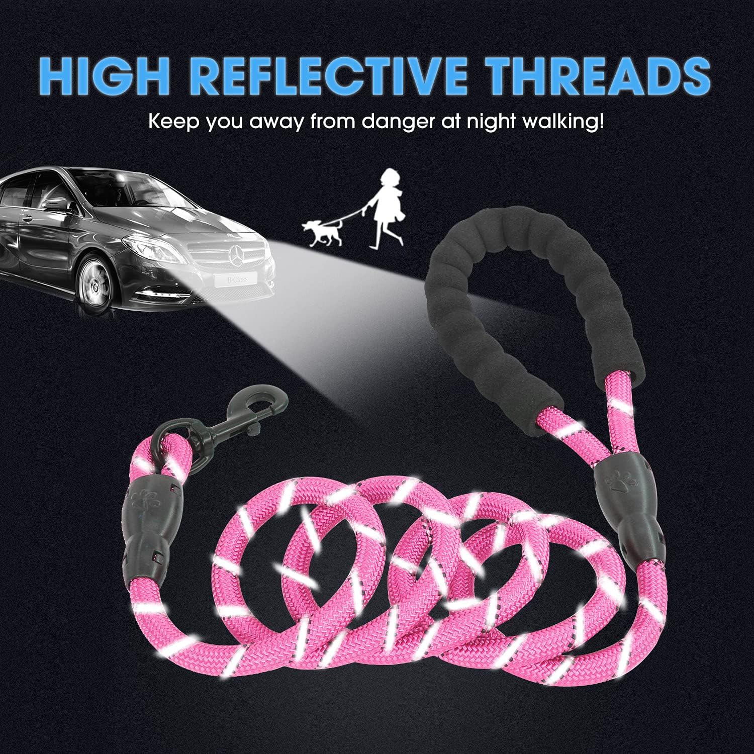 Generic Brands - Reflective Large Dog Leash, Durable Nylon Rope, Ideal for Running & Climbing