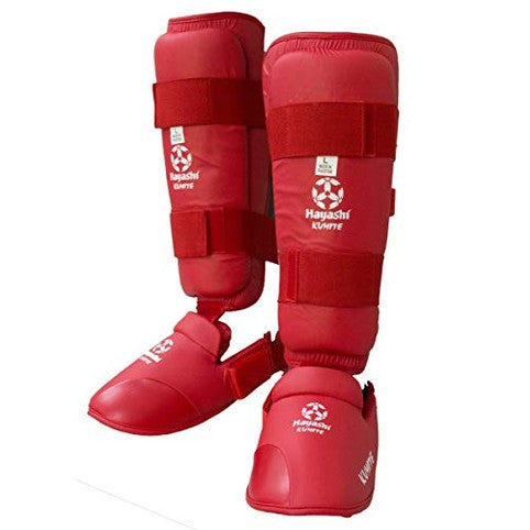 Shop Hayashi's durable karate shin and instep guards with strong Velcro fasteners. Available in blue or red, perfect for martial arts training.