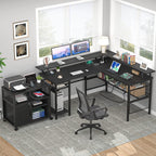 Homieasy L Shaped Desk with Power Outlets and LED Light, 55 inch Reversible L-Shaped Gaming Desk with Monitor Stand, Ergonomic Corner Computer Desk with Storage Shelf for Home Office, Black