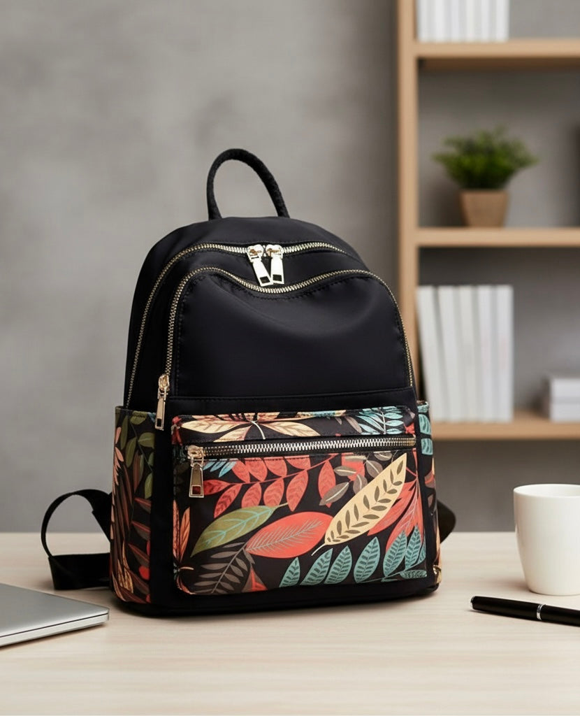 Classic Black Nylon Multi-Pocket Backpack for Women & Girls — College, Travel & Casual Use