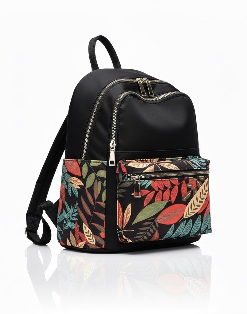 Classic Black Nylon Multi-Pocket Backpack for Women & Girls — College, Travel & Casual Use