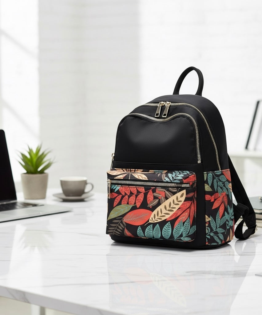 Classic Black Nylon Multi-Pocket Backpack for Women & Girls — College, Travel & Casual Use