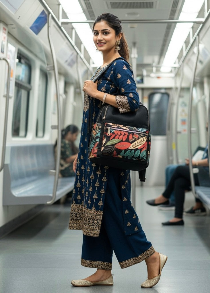 Classic Black Nylon Multi-Pocket Backpack for Women & Girls — College, Travel & Casual Use