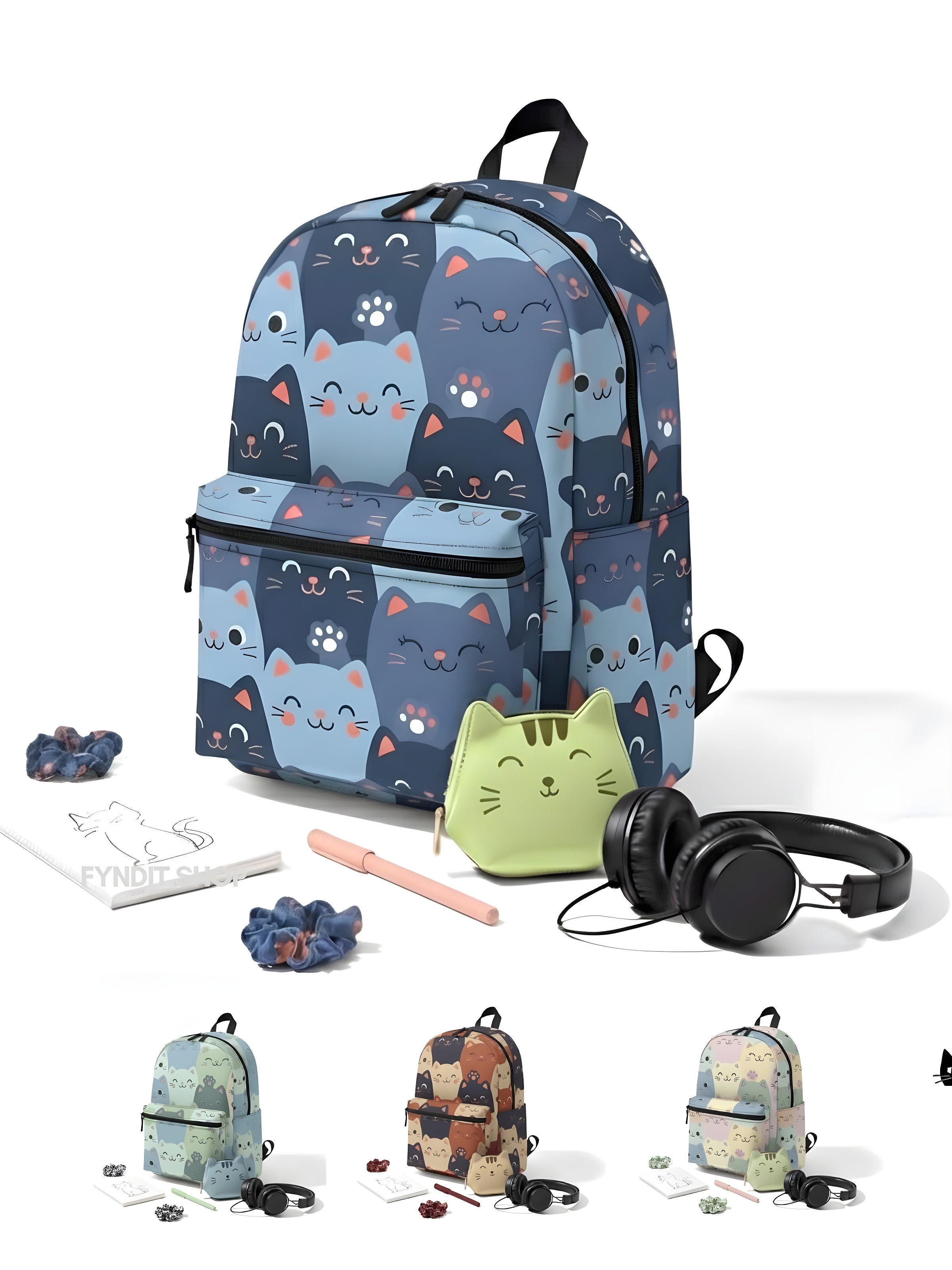 Cute Blue Cat Pattern Backpack – Kawaii Kitty Print School Bag for Girls, Teens & Travelers | Lightweight, Durable, Gift-Ready Everyday Carry with Playful Blue Design