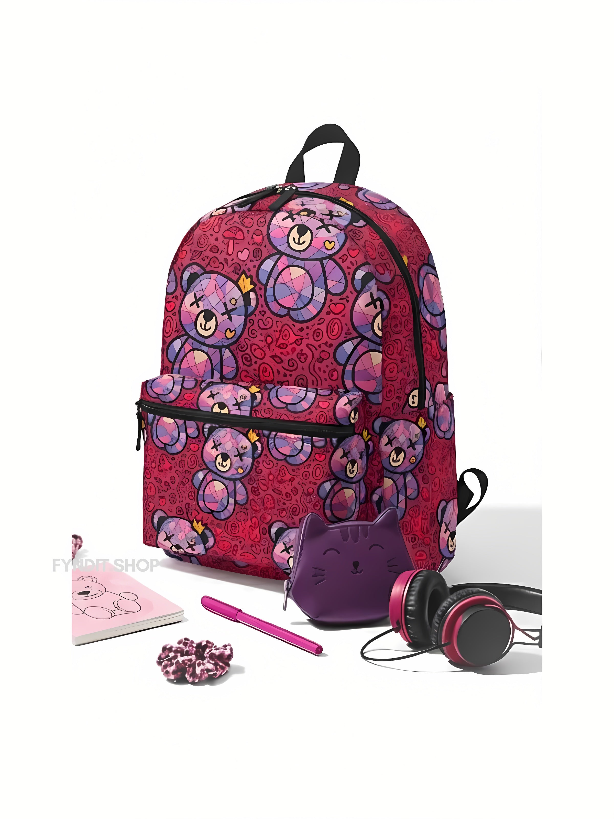 Kawaii Crowned Teddy Backpack - Cute Pink Heart Pattern School Bag