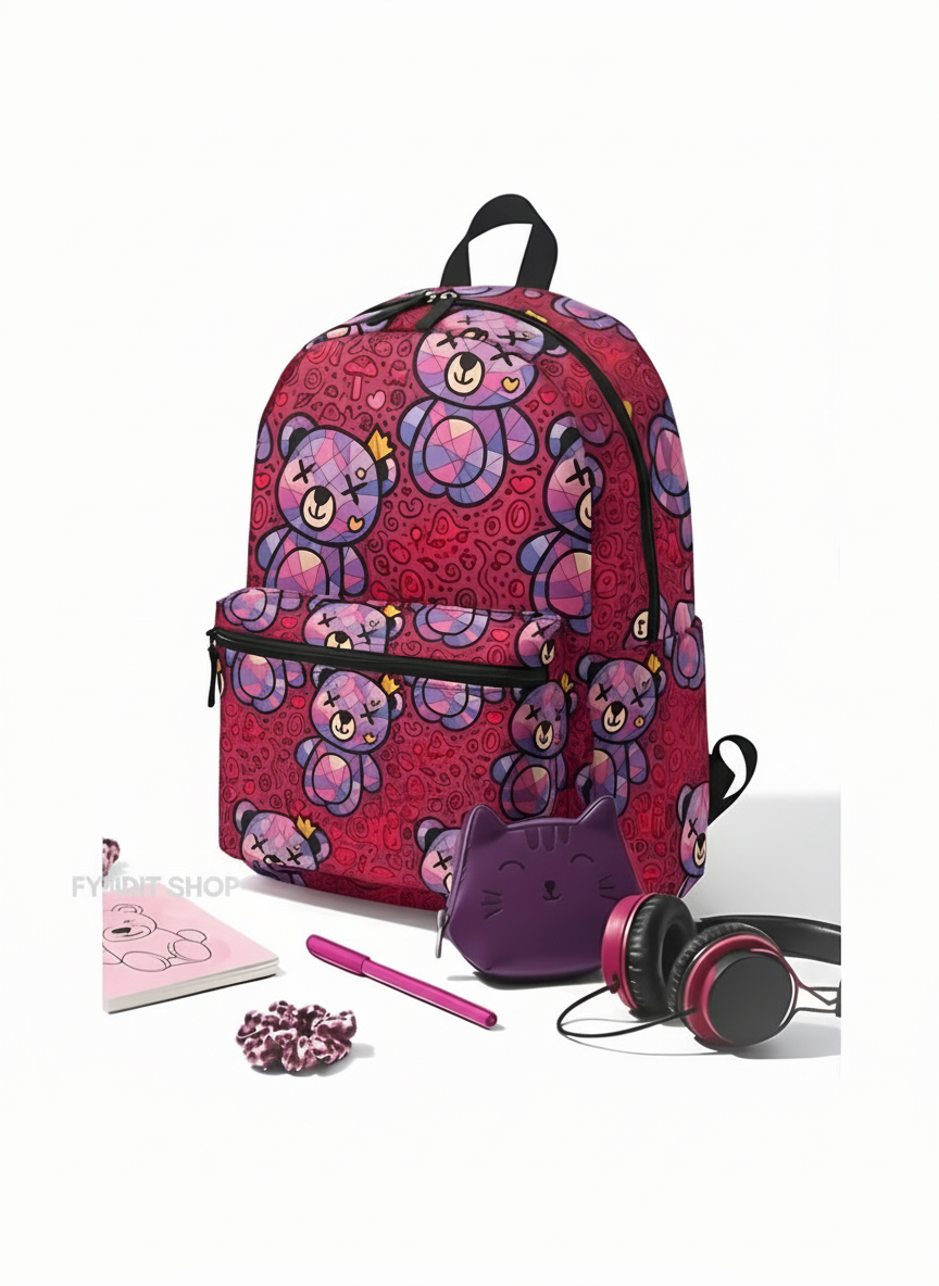 Kawaii Crowned Teddy Backpack - Cute Pink Heart Pattern School Bag