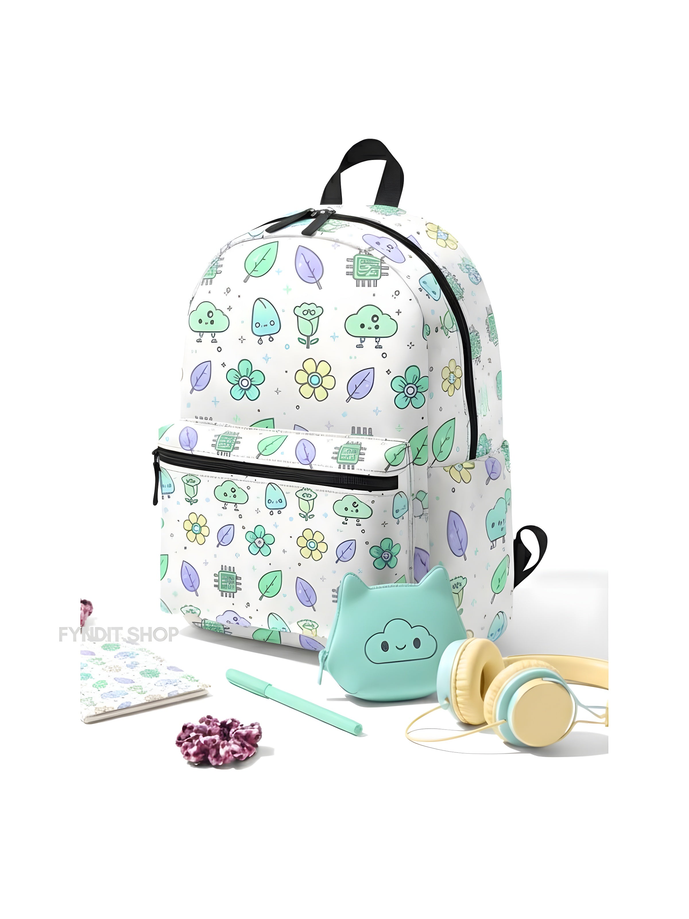 Kawaii Pastel Tech & Nature Backpack – Cute Cloud, Leaf & Flower Pattern