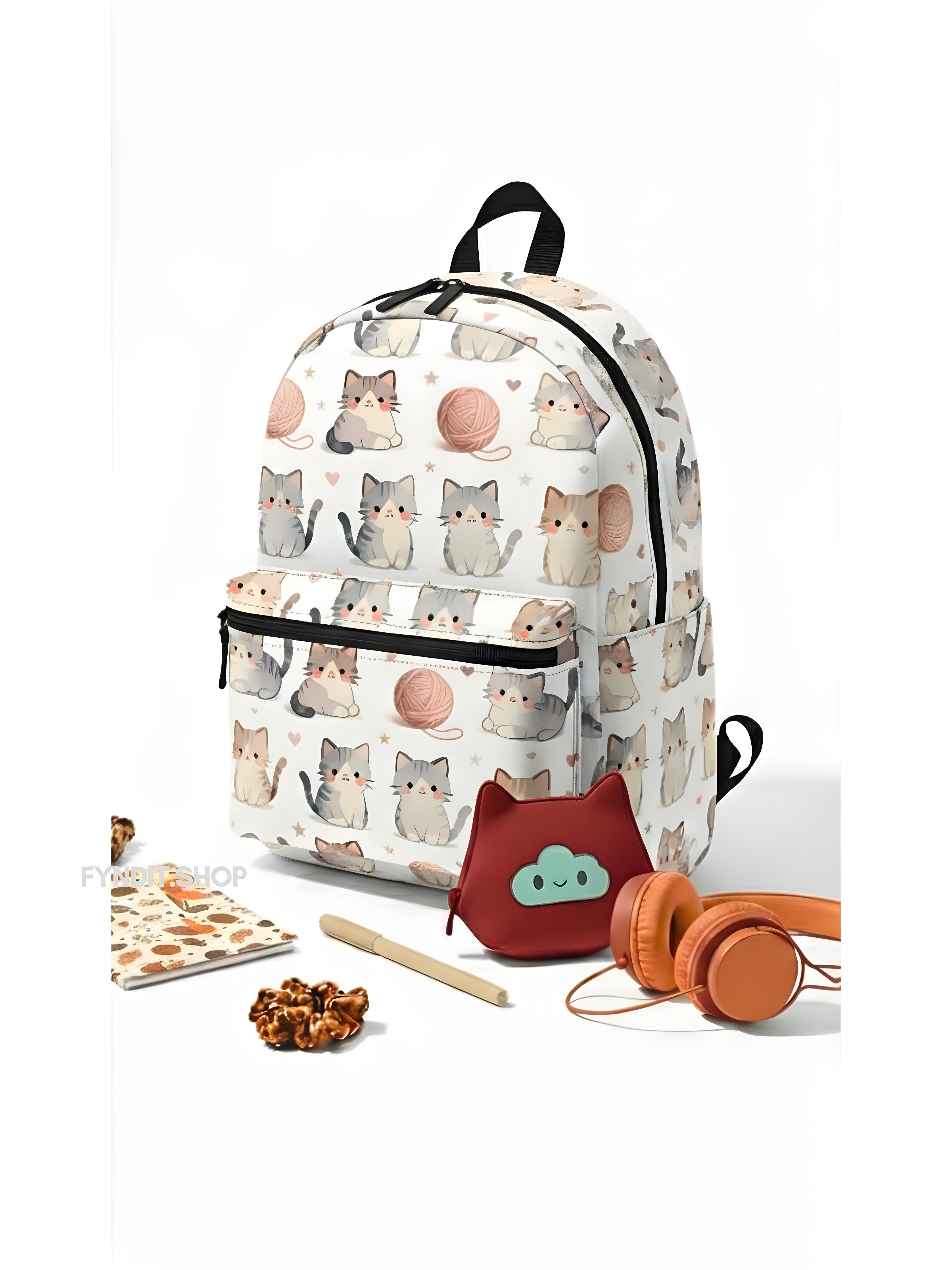 Cute Kitten Pattern Backpack — Pastel Cats & Yarn School Bag