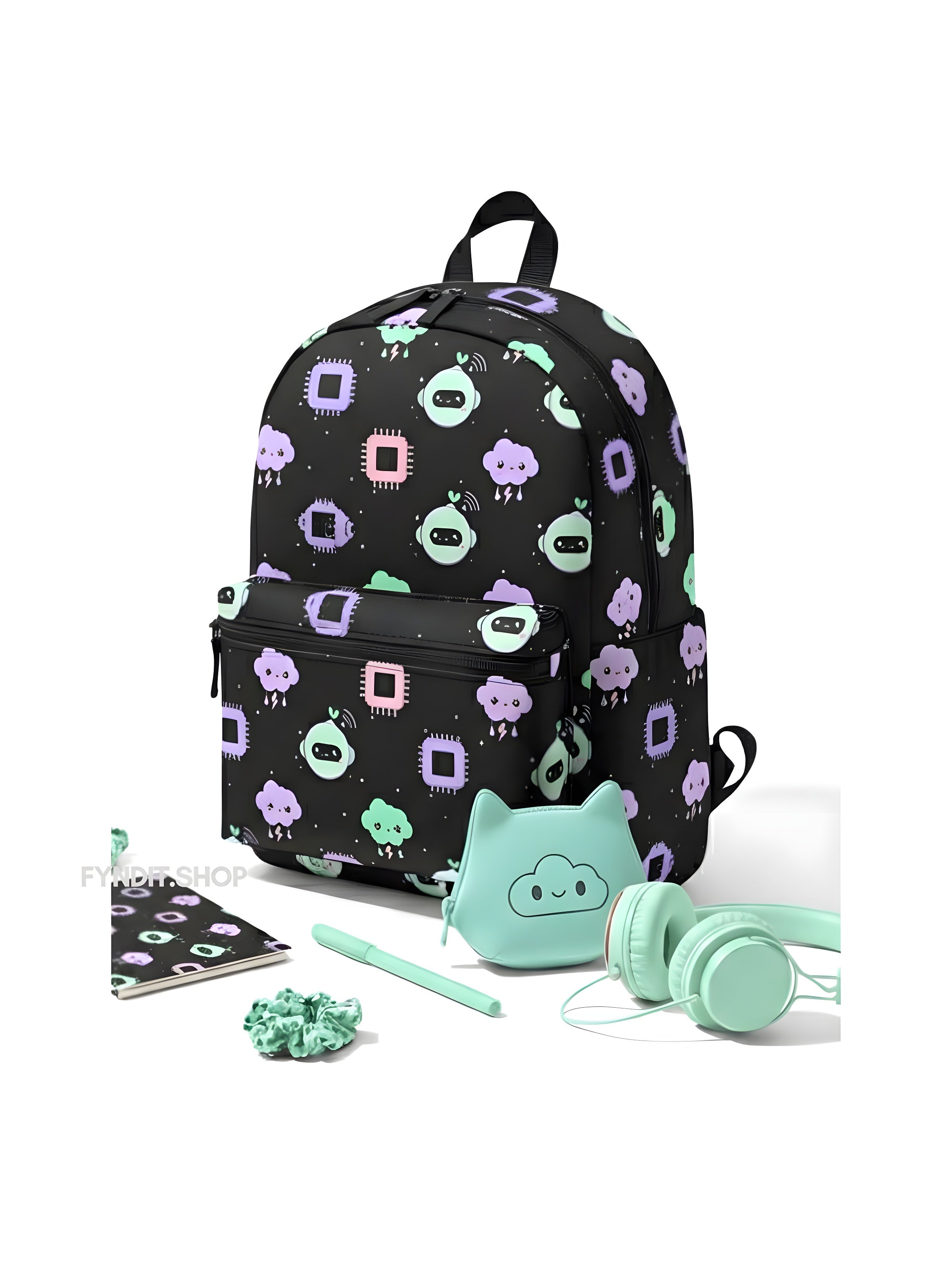 Kawaii Tech Cloud Pattern Backpack — Cute Pastel Cloud & Chip Print School Bag