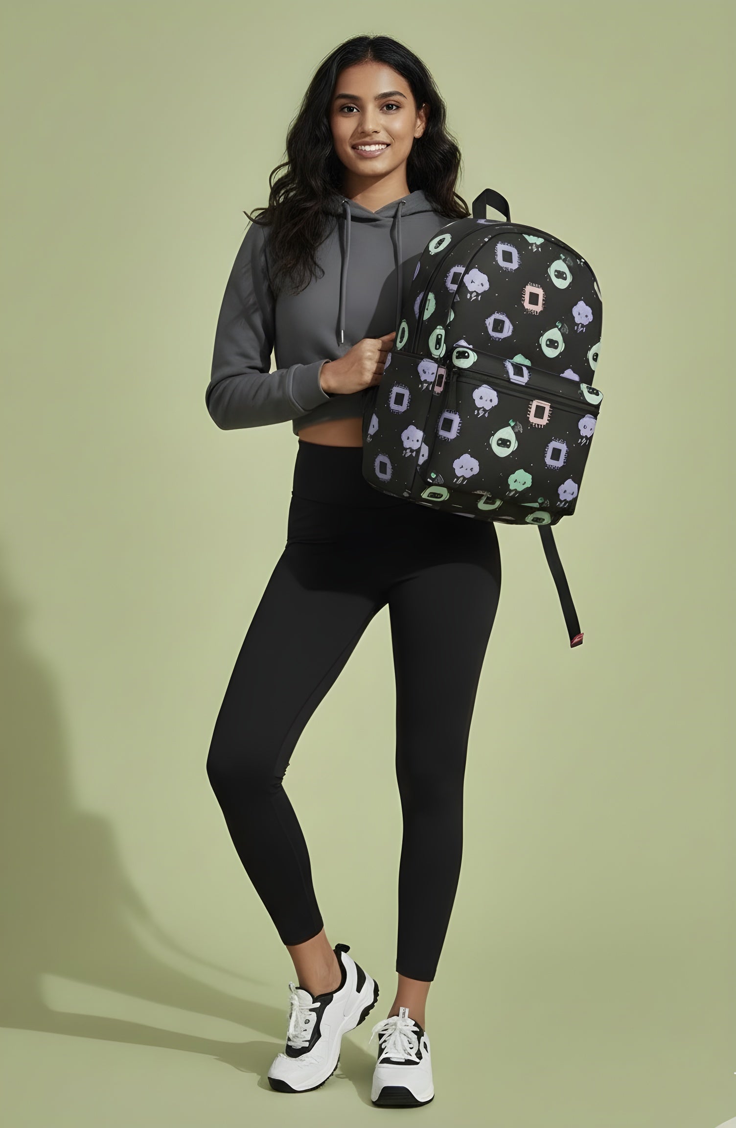 Kawaii Tech Cloud Pattern Backpack — Cute Pastel Cloud & Chip Print School Bag