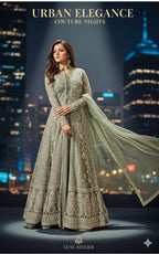 Women's Light Green Embroidered Flared Gown – Party, Wedding & Festive Wear