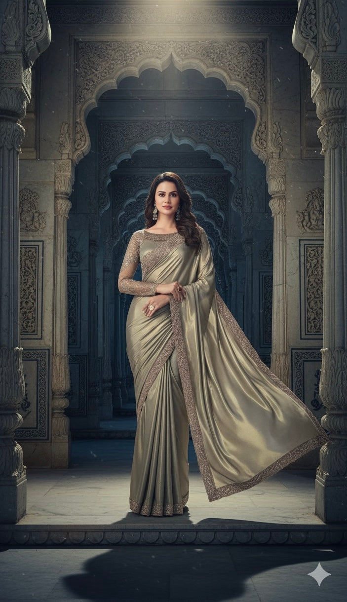 Women’s Multicolor Satin Embroidered Saree with Unstitched Blouse