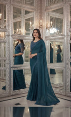 Girls Embroidered Lace & Sequin Chiffon Saree with Unstitched Blouse Piece