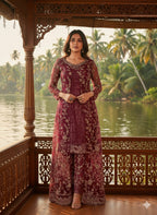 Anarkali dress for wedding party - Latest designer anarkali suits-Red-plum-wine