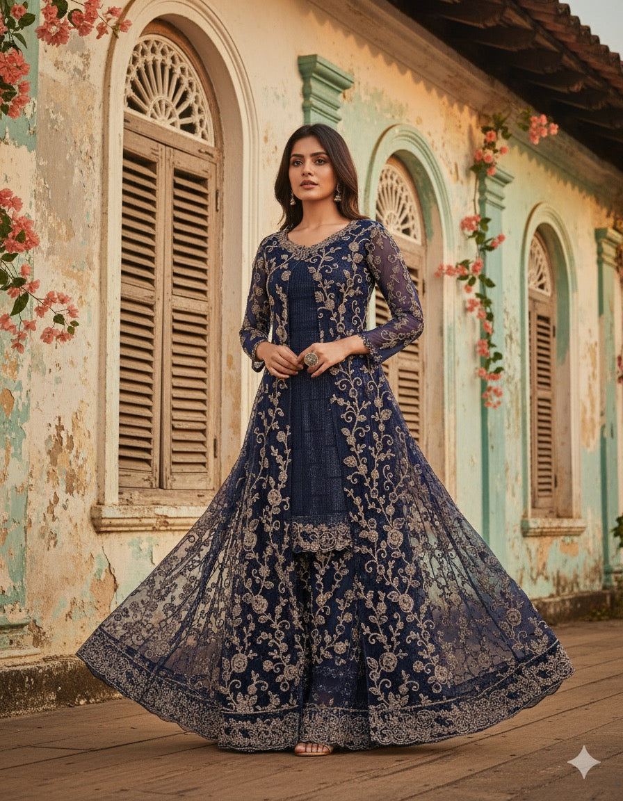 Anarkali dress for wedding party - Latest designer anarkali suits-Dark-Navy-Blue