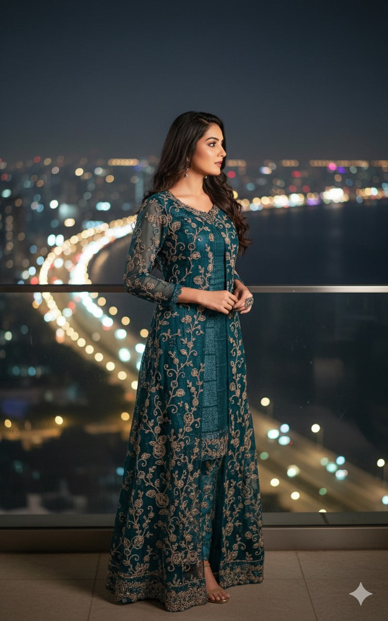 Anarkali dress for wedding party - Latest designer anarkali suits-Teal