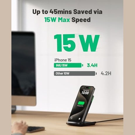 INIU - 15W Fast Qi Wireless Charger with Sleep-Friendly Light, Compatible with iPhone & Samsung