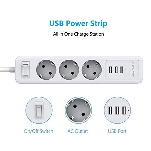 Jsver - Power Strip with 3 USB Ports, Surge Protection, Wall Mountable, 3680W