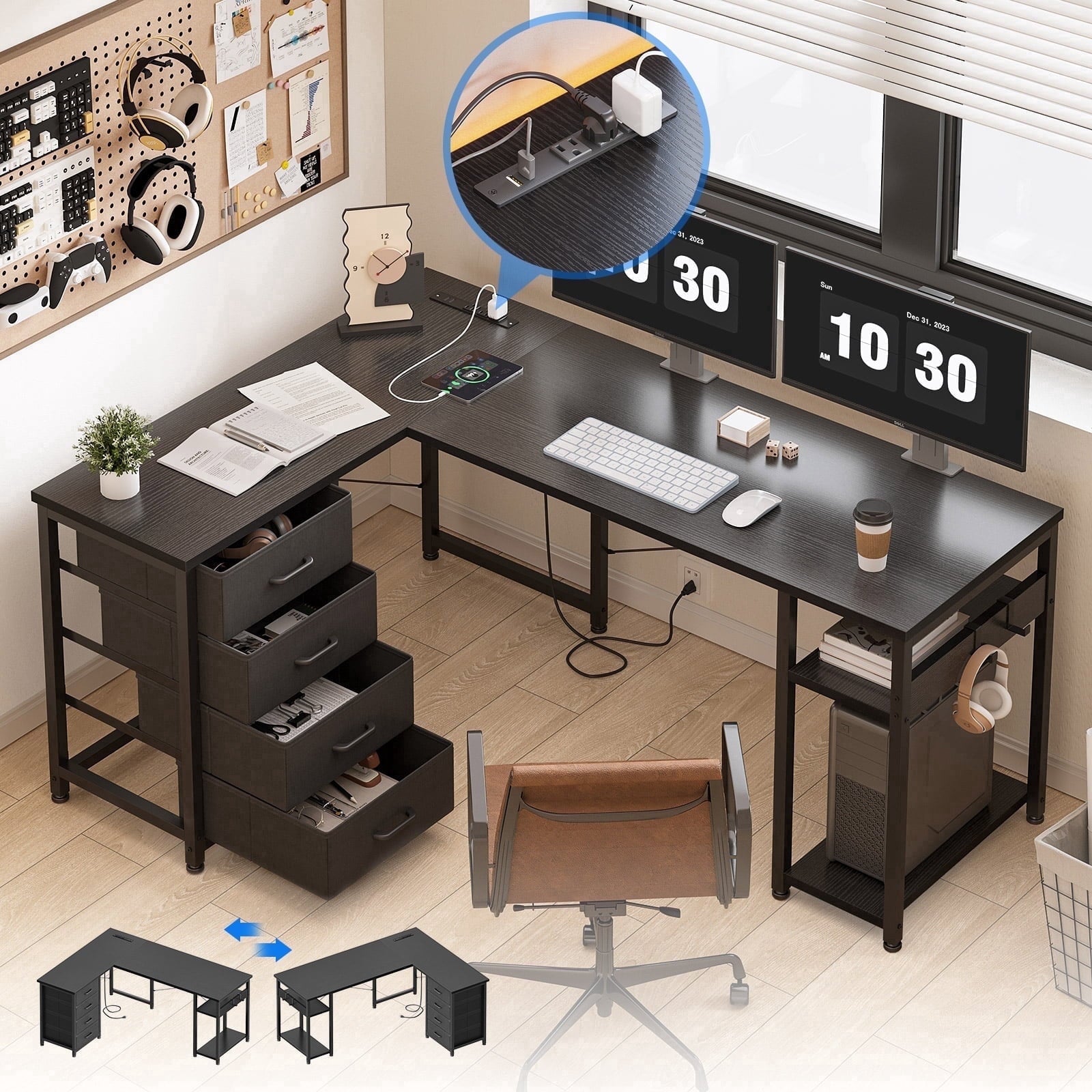 KKL L-Shaped Computer Desk with Charging Station - 53 inch