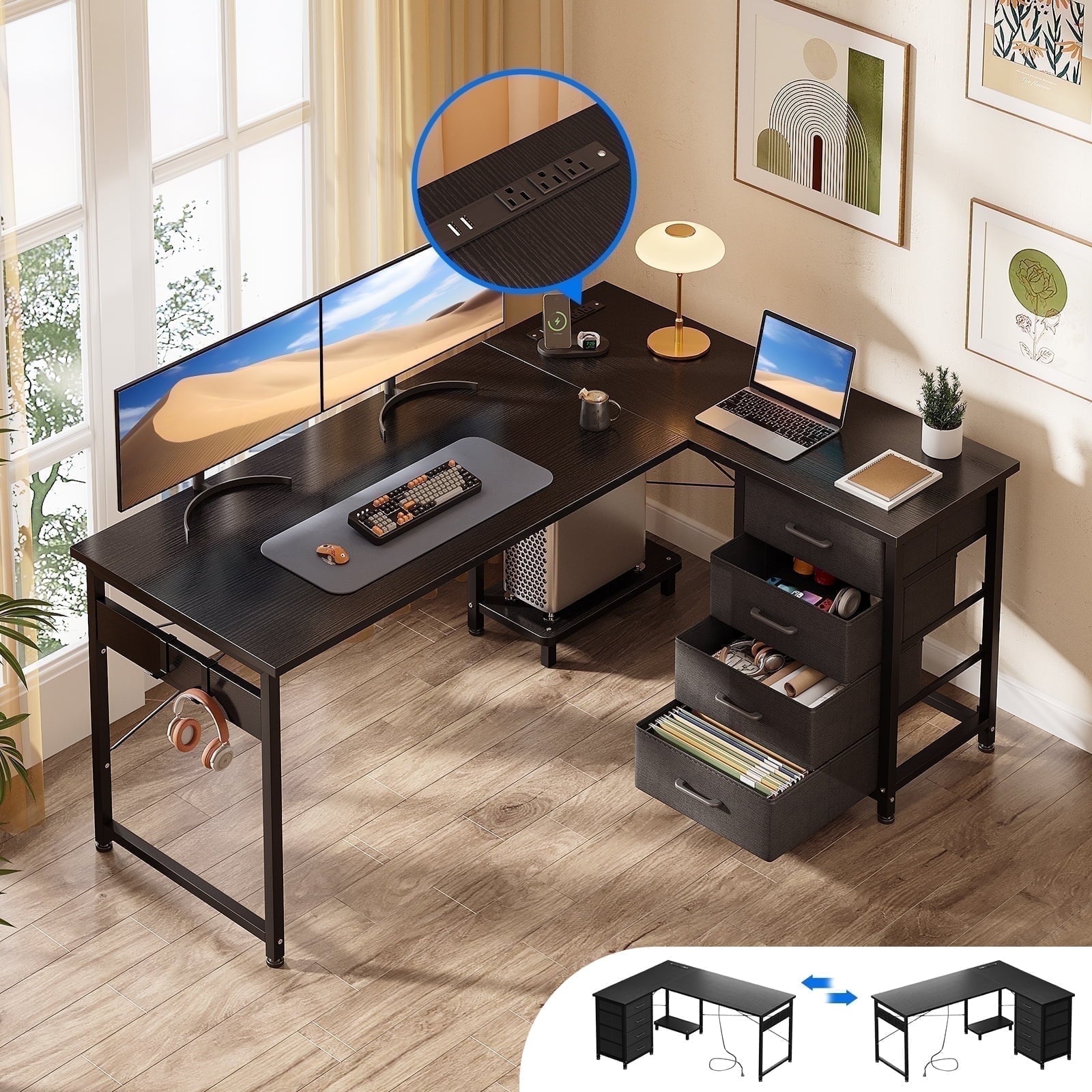 KKL L-Shaped Computer Desk with Charging Station - 53 inch