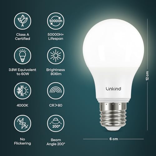 Linkind - Ultra-Efficient E27 LED Bulbs, 7.2W 100W Equivalent , 4000K Neutral White, Pack of 6