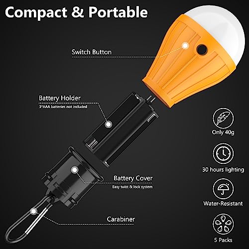 Pemotech - 5 Pcs Tent Lights, 4 LED & 1 RGB, Adjustable Colors, Portable Battery