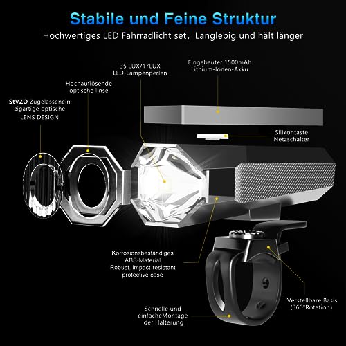 Realky - Rechargeable LED Bicycle Light Set, StVZO Approved, Waterproof, USB Charging