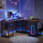Computer desk, Bytelike, 140x140x65CM, L-shape, LED lighting design, with sockets, storage shelf, chipboard, metal steel frame, Rustic Brown