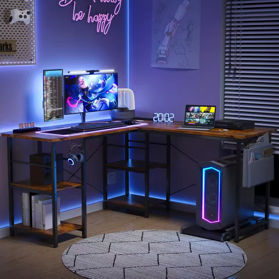 Computer desk, Bytelike, 140x140x65CM, L-shape, LED lighting design, with sockets, storage shelf, chipboard, metal steel frame, Rustic Brown