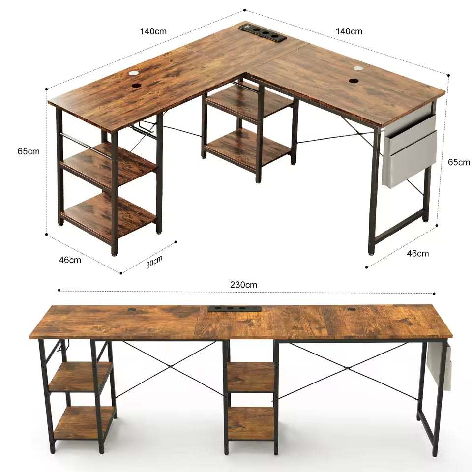 Computer desk, Bytelike, 140x140x65CM, L-shape, LED lighting design, with sockets, storage shelf, chipboard, metal steel frame, Rustic Brown