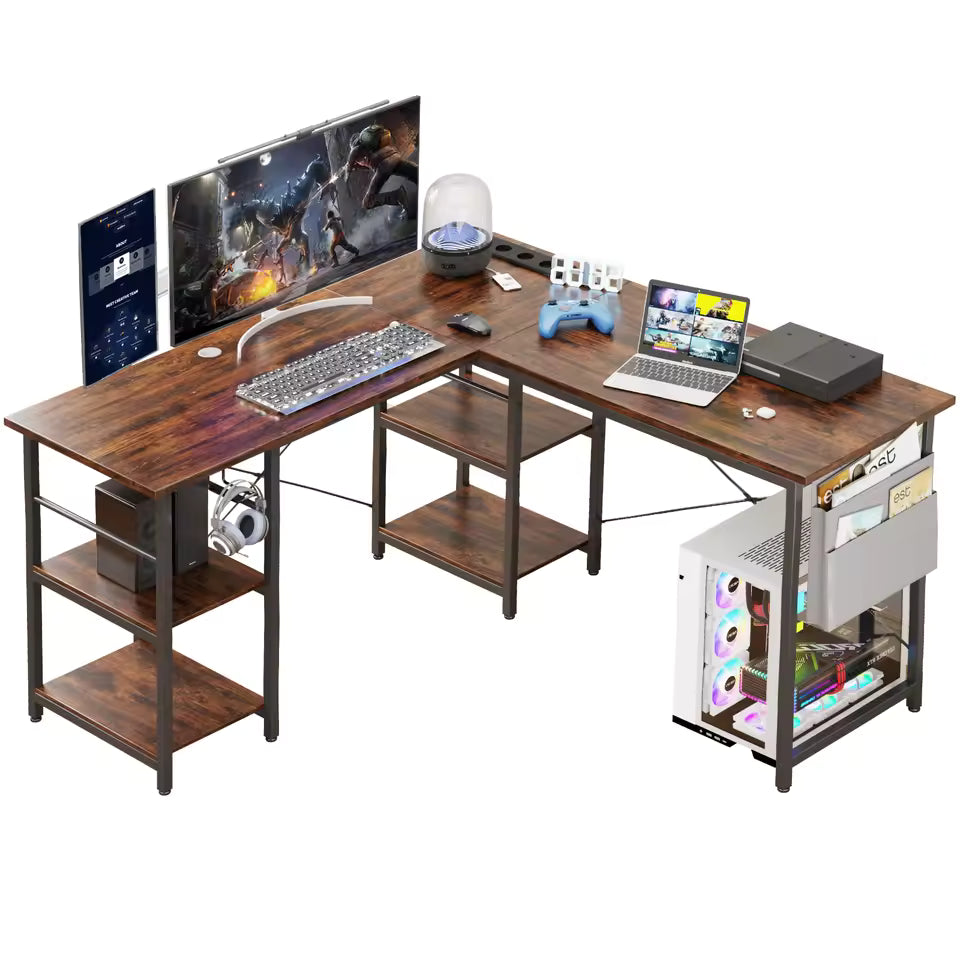 Computer desk, Bytelike, 140x140x65CM, L-shape, LED lighting design, with sockets, storage shelf, chipboard, metal steel frame, Rustic Brown