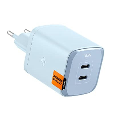 Spigen 65W Dual USB-C Wall Charger in Sierra Blue, compact design