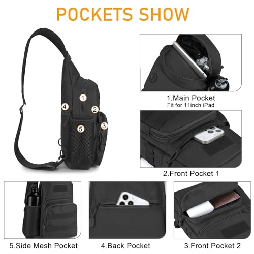 Tactical - Water Resistant MOLLE Sling Bag with Water Bottle Holder & Adjustable Strap