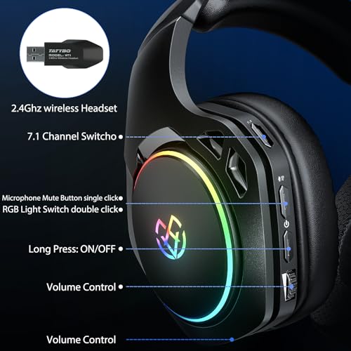 Tatybo - 2.4GHz Wireless Gaming Headset with Detachable Mic, 20hr Battery