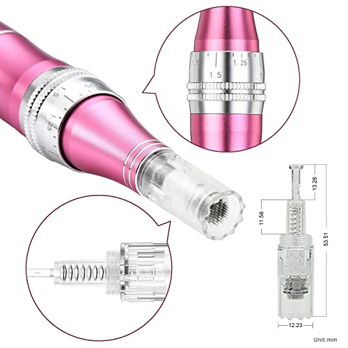 Tbphp - TBPHP M1 Microneedling Pen Kit with 12 Replacement Cartridges, Adjustable Depth for Face & Body Pink
