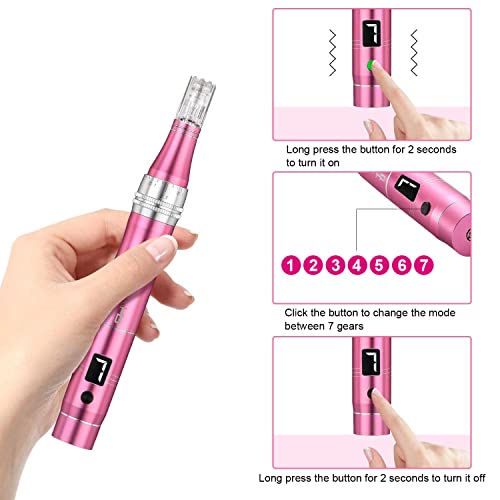Tbphp - TBPHP M1 Microneedling Pen Kit with 12 Replacement Cartridges, Adjustable Depth for Face & Body Pink