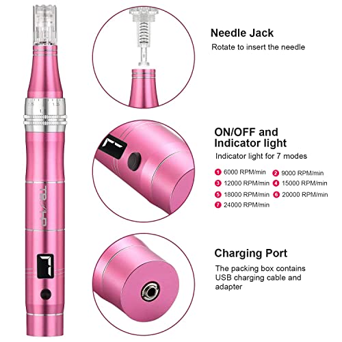 Tbphp - TBPHP M1 Microneedling Pen Kit with 12 Replacement Cartridges, Adjustable Depth for Face & Body Pink