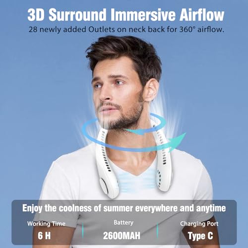 Tiazhan - Bladeless Neck Fan, USB Rechargeable, 3 Speed, 360° Airflow